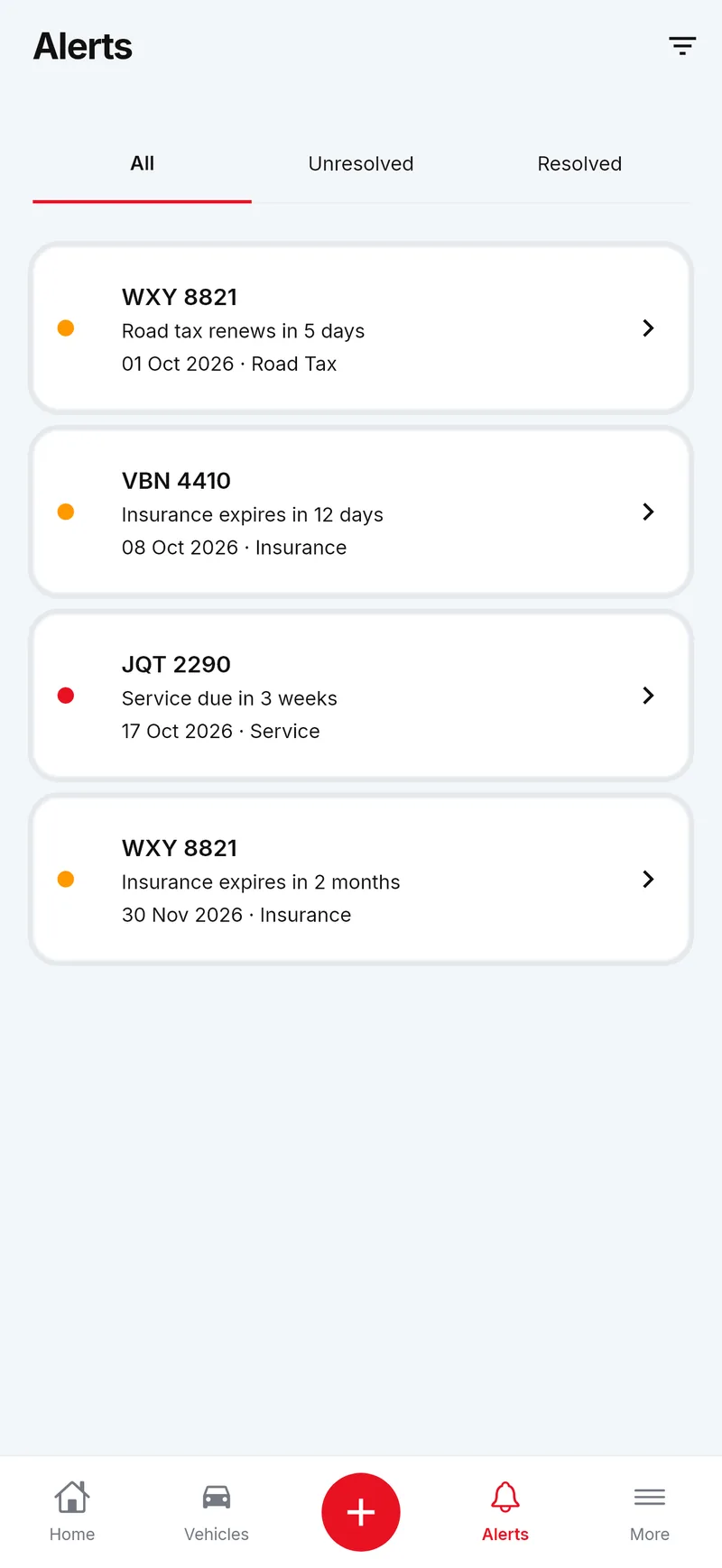 Reminders for road tax, insurance and services that are due