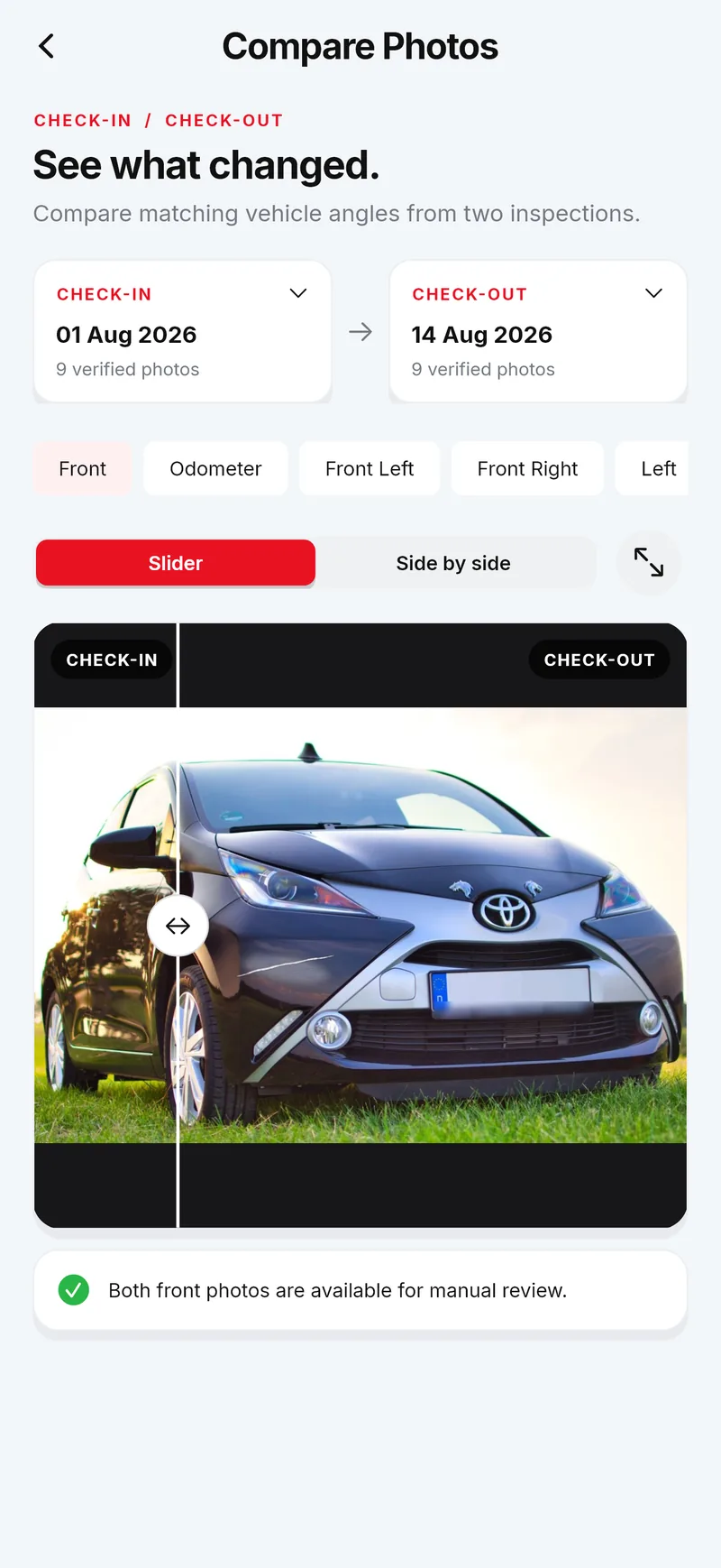 A check-out photo and a check-in photo compared with a slider