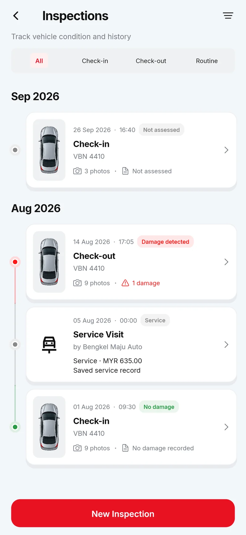 Check-ins, check-outs and service visits on a timeline