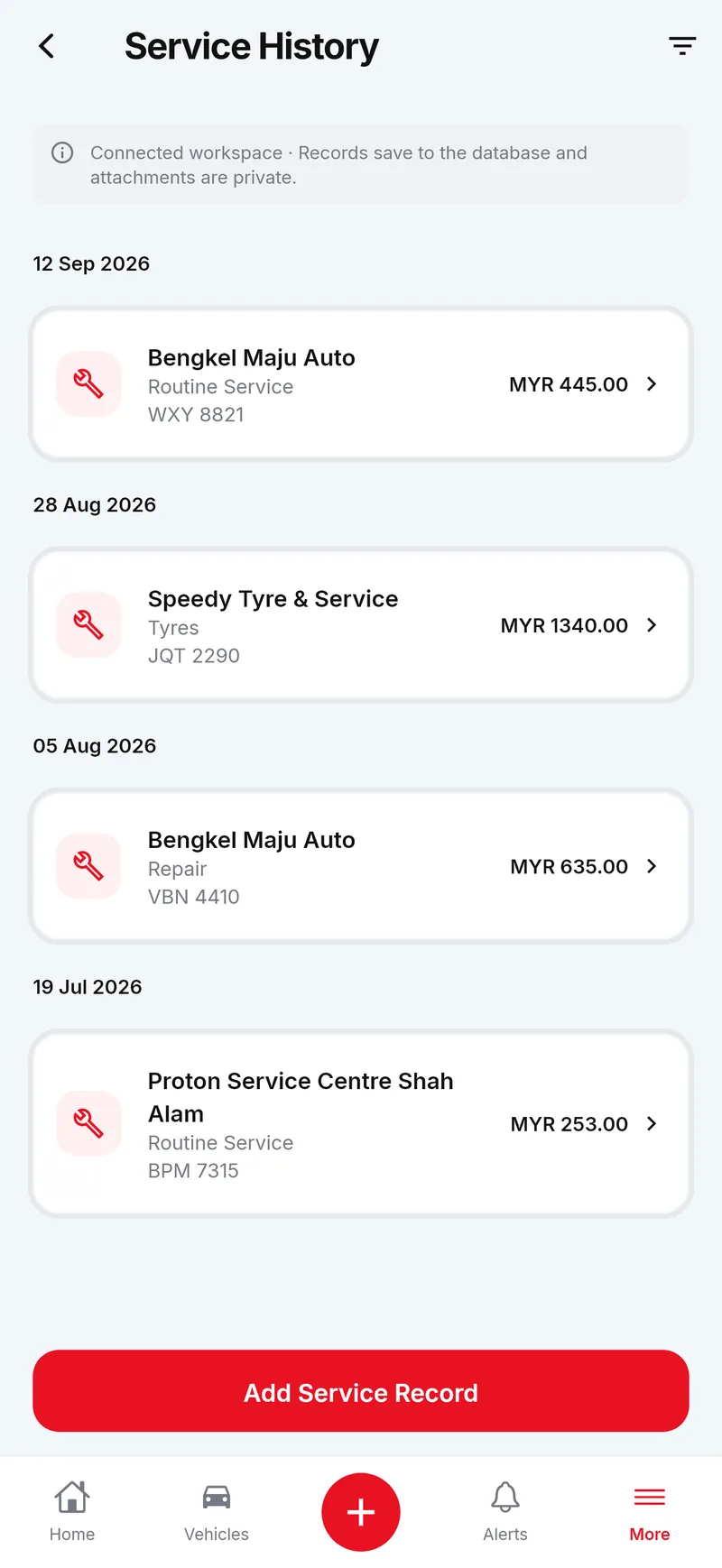 Service records by date, with workshop and cost