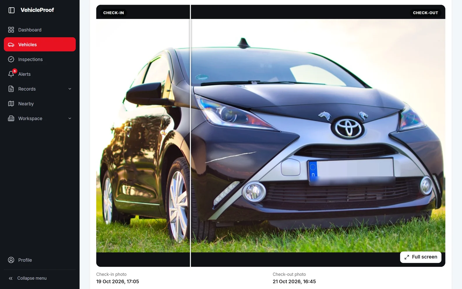 Comparing check-out and check-in photos of a car, angle by angle, in the web app