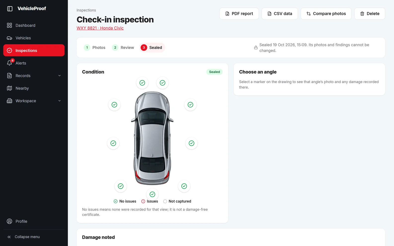 A sealed check-in inspection with every angle marked around the car